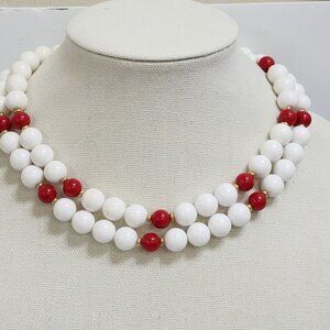 Vintage Napier Red & White Beaded Necklace Double Strand Signed READ DESCRIPTION